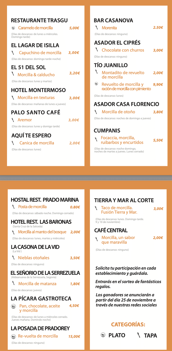Establecimientos adherido a las jornadas de la morcilla de Burgos