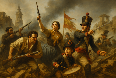 Alegoría pictórica de Los Sitios de Zaragoza al estilo de Goya, con defensores, bandera aragonesa y la Basílica del Pilar.