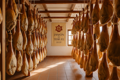 Secadero tradicional de Jamón de Teruel DOP con piezas colgadas y sello de calidad visible, en plena Sierra turolense.