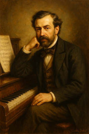 Retrato al óleo del compositor Cristóbal Oudrid, creador de la música de Los Sitios de Zaragoza, con piano y partitura.