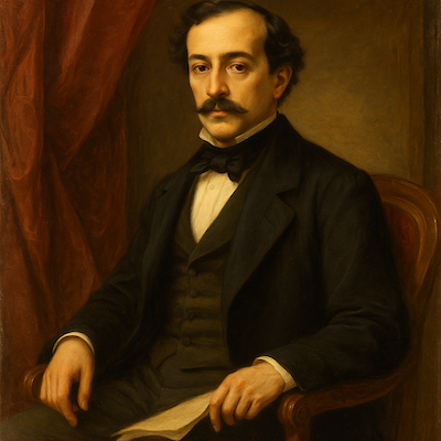 Retrato al óleo de Juan Lombía, autor de la letra de Los Sitios de Zaragoza, en estilo romántico teatral.
