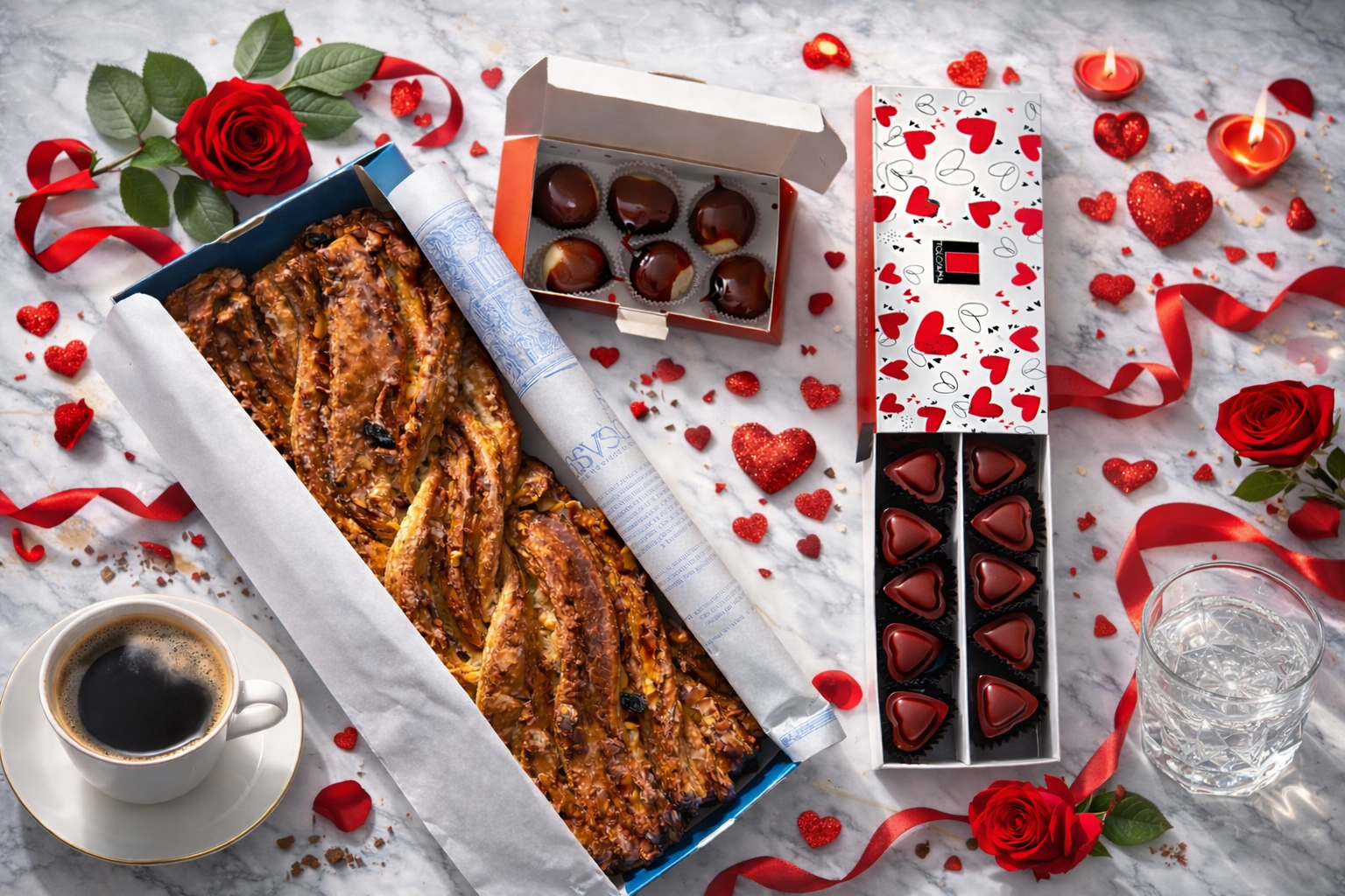 Banquete del Amor: Trenza de Almudévar, corazones de chocolate y castañas de mazapán de Pastelería Tolosana