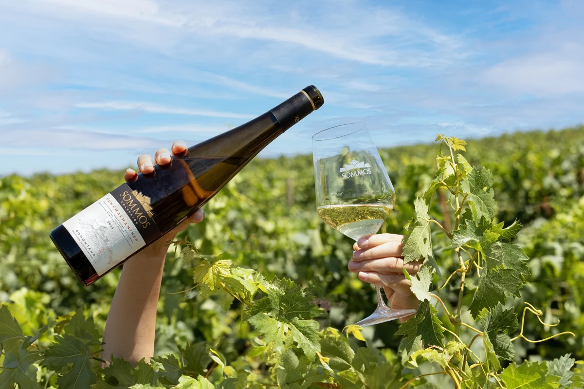 Botella de Sommos Colección Gewürztraminer en el entorno de la finca.