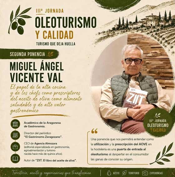 Miguel Ángel Vicente participará en la III Jornada Oleoturismo y Calidad con una ponencia sobre el papel de la alta cocina en la promoción del aceite de oliva virgen extra.