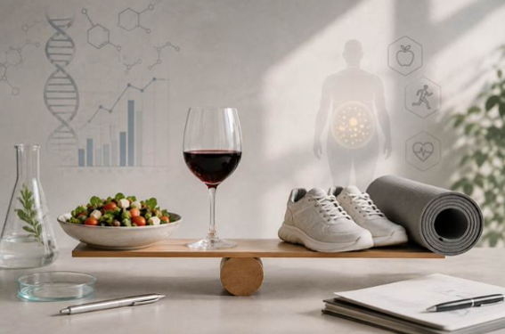 Copa de vino junto a alimentos, material de laboratorio y símbolos relacionados con nutrición y bienestar”.