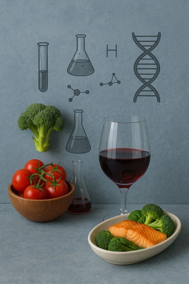 Copa de vino, salmón, brócoli y tomates ante ilustraciones de laboratorio y ADN”.