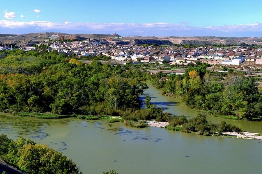Vista de Sástago junto al Ebro y su vegetación de ribera
