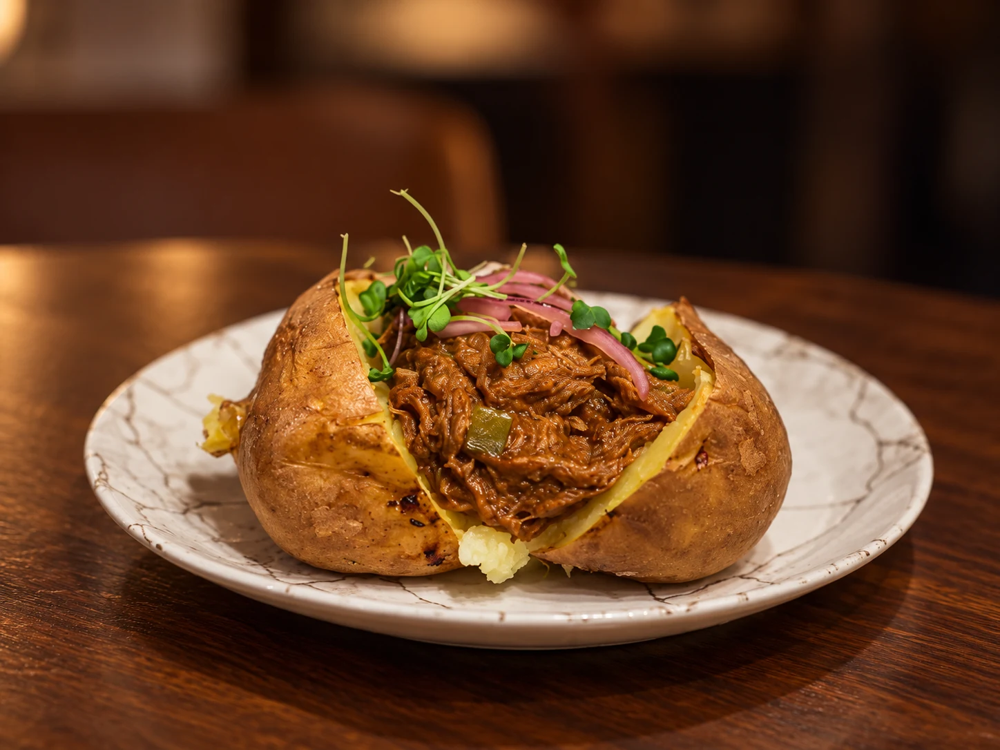 Patata asada La Compita, rellena de cerdo desmechado, pepinillo dulce y salsa barbacoa de naranja en Nómada Street Food de Zaragoza.