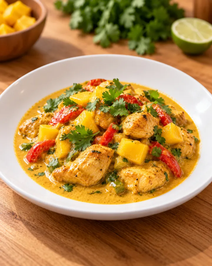 Pollo al curry con mango, pimientos y crema de coco.