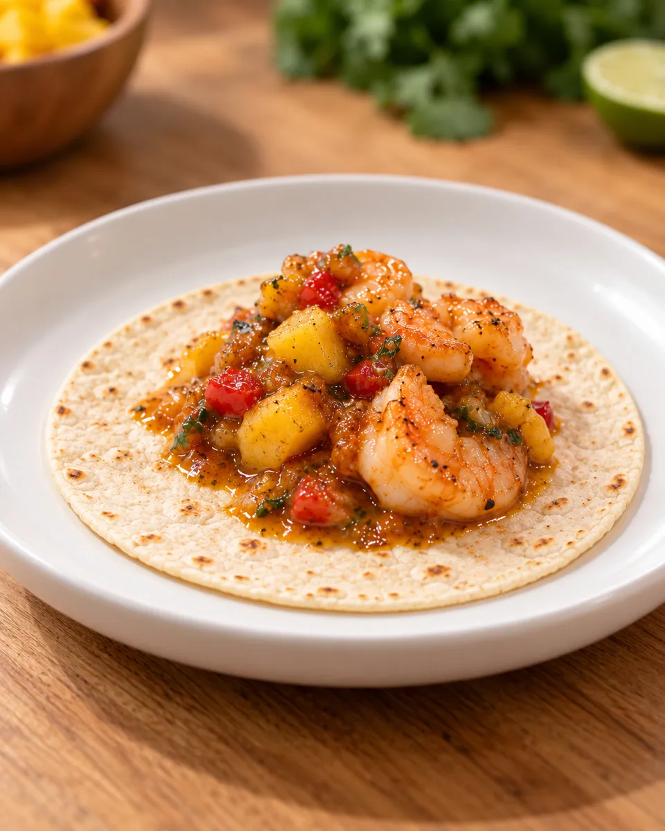 Tacos de langostinos con mango, pimientos y chipotle.